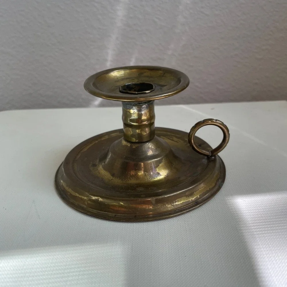 Antique Brass‎ Chamberstick Finger Candleholder Ring Handle Drip Tray Patina 4